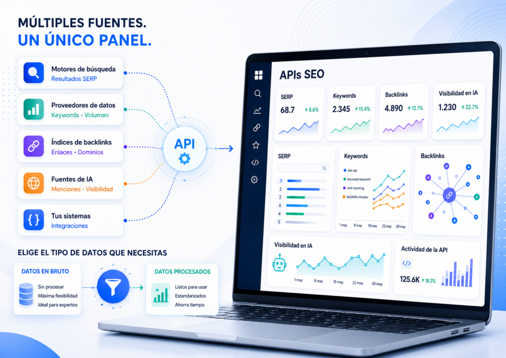 Panel con datos SEO de varias fuentes conectadas mediante API