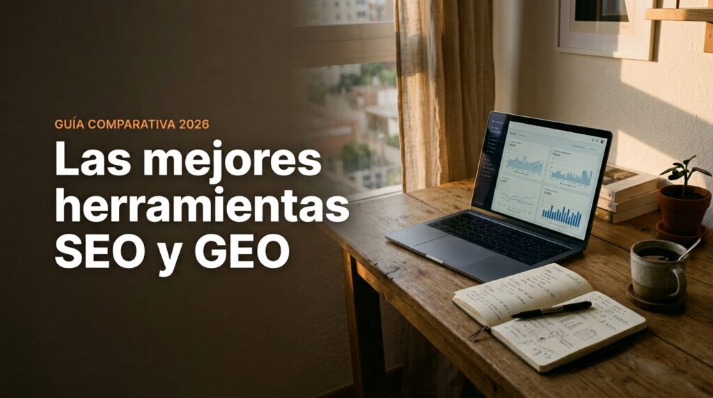 Escritorio con portátil mostrando un panel de métricas SEO junto a una ventana