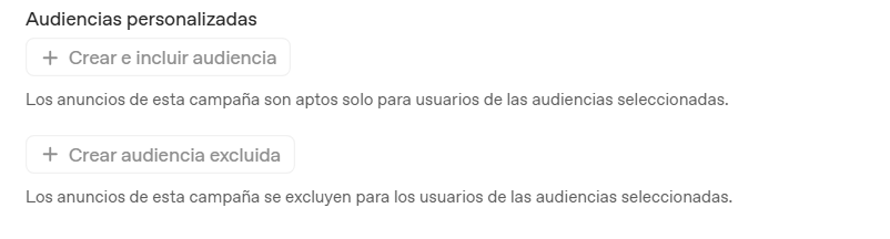Opciones para incluir y excluir audiencias personalizadas en ChatGPT Ads Manager