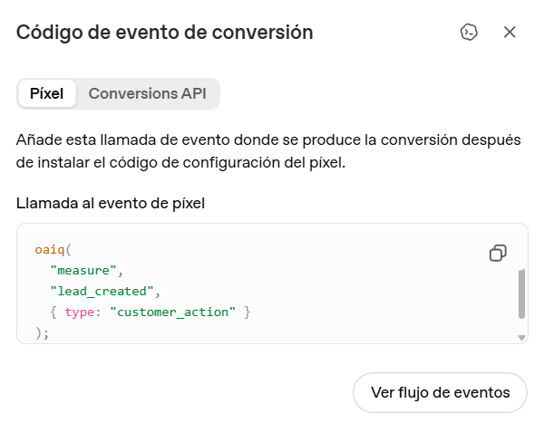 Código JavaScript del evento Lead Created en ChatGPT Ads Manager