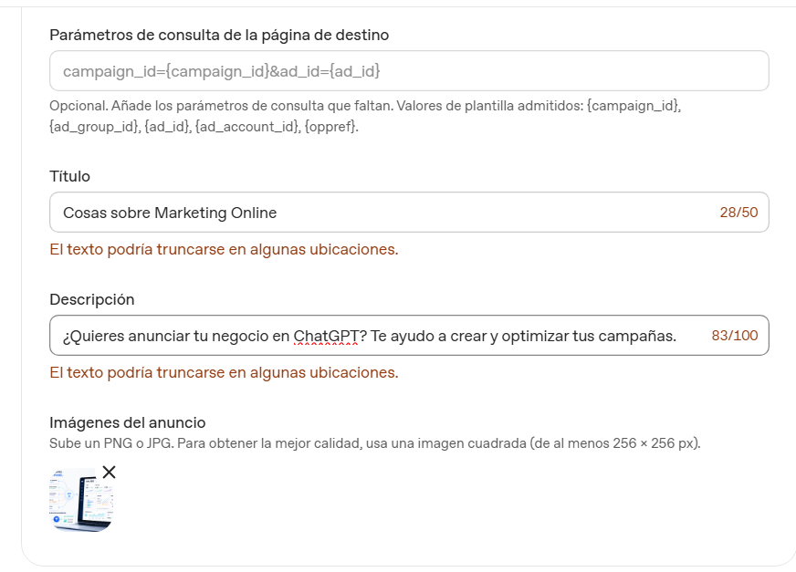 Configuración del título descripción imagen y URL de un anuncio en ChatGPT Ads Manager