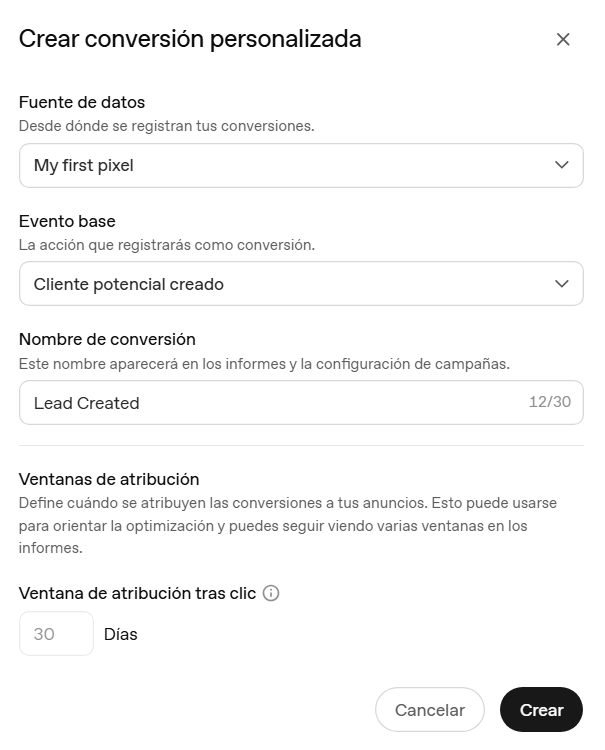 Creación de una conversión Lead Created en ChatGPT Ads Manager