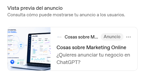 Vista previa de un anuncio creado con ChatGPT Ads Manager