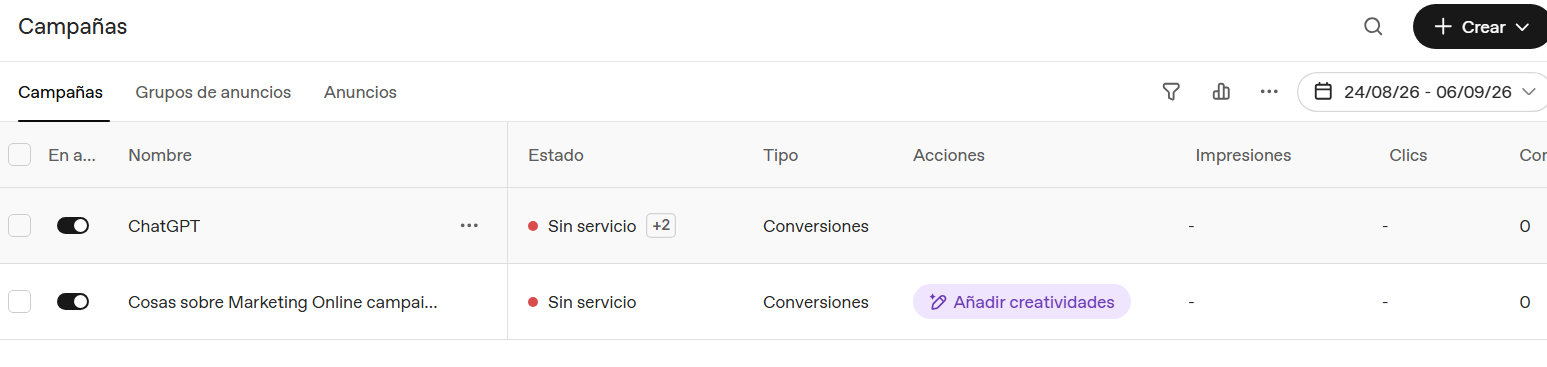 Panel de campañas creadas en ChatGPT Ads Manager