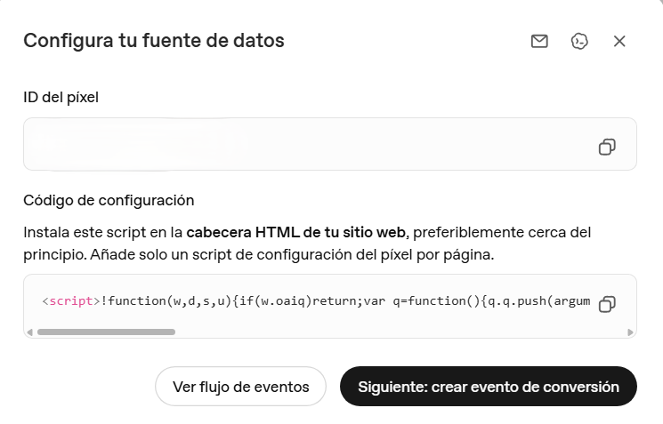 Código de instalación del píxel de conversiones de ChatGPT Ads Manager