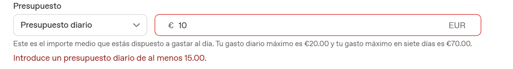 Presupuesto diario mínimo de 15 euros en ChatGPT Ads Manager