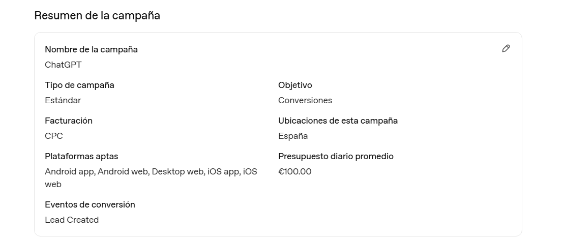 Resumen de configuración de una campaña en ChatGPT Ads Manager