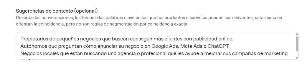 Ejemplo de sugerencias de contexto para una campaña de ChatGPT Ads